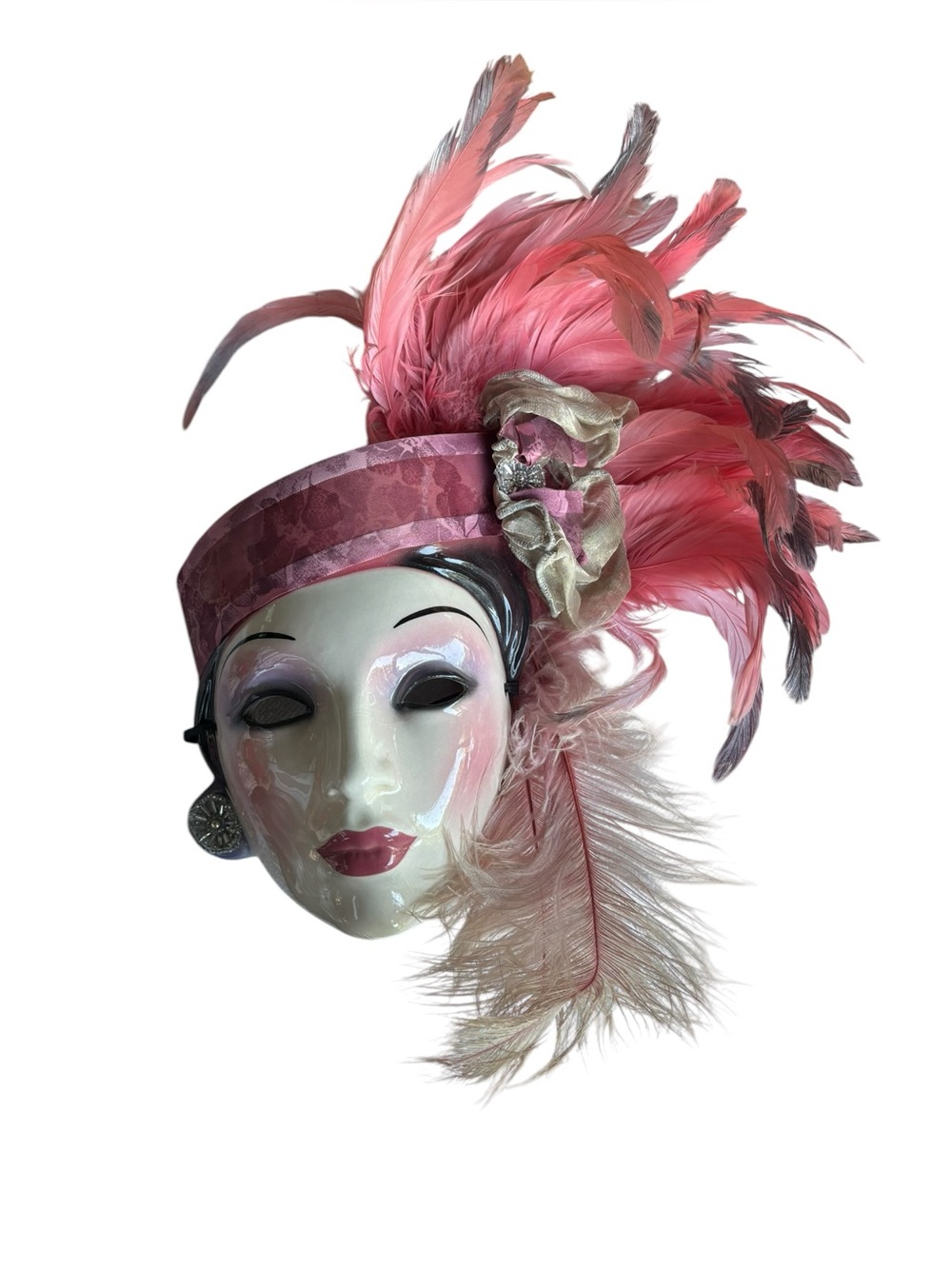 Vintage Clay Art Lady Face Mask w/Feathers Ceramic Wall Hanging Pink Hat Lovely!